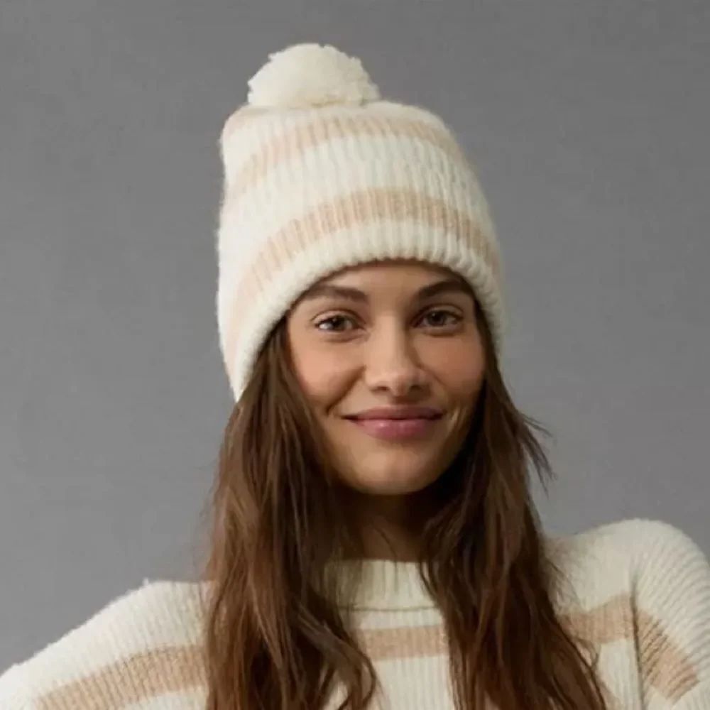 AE Cream Tan Stripe Sand Pom Pom Knit Cozy Beanie Hat